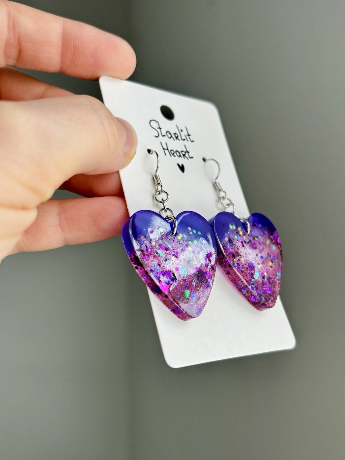 Starlit Heart Resin Heart Earrings Handmade Purple Pink Glitter Galaxy