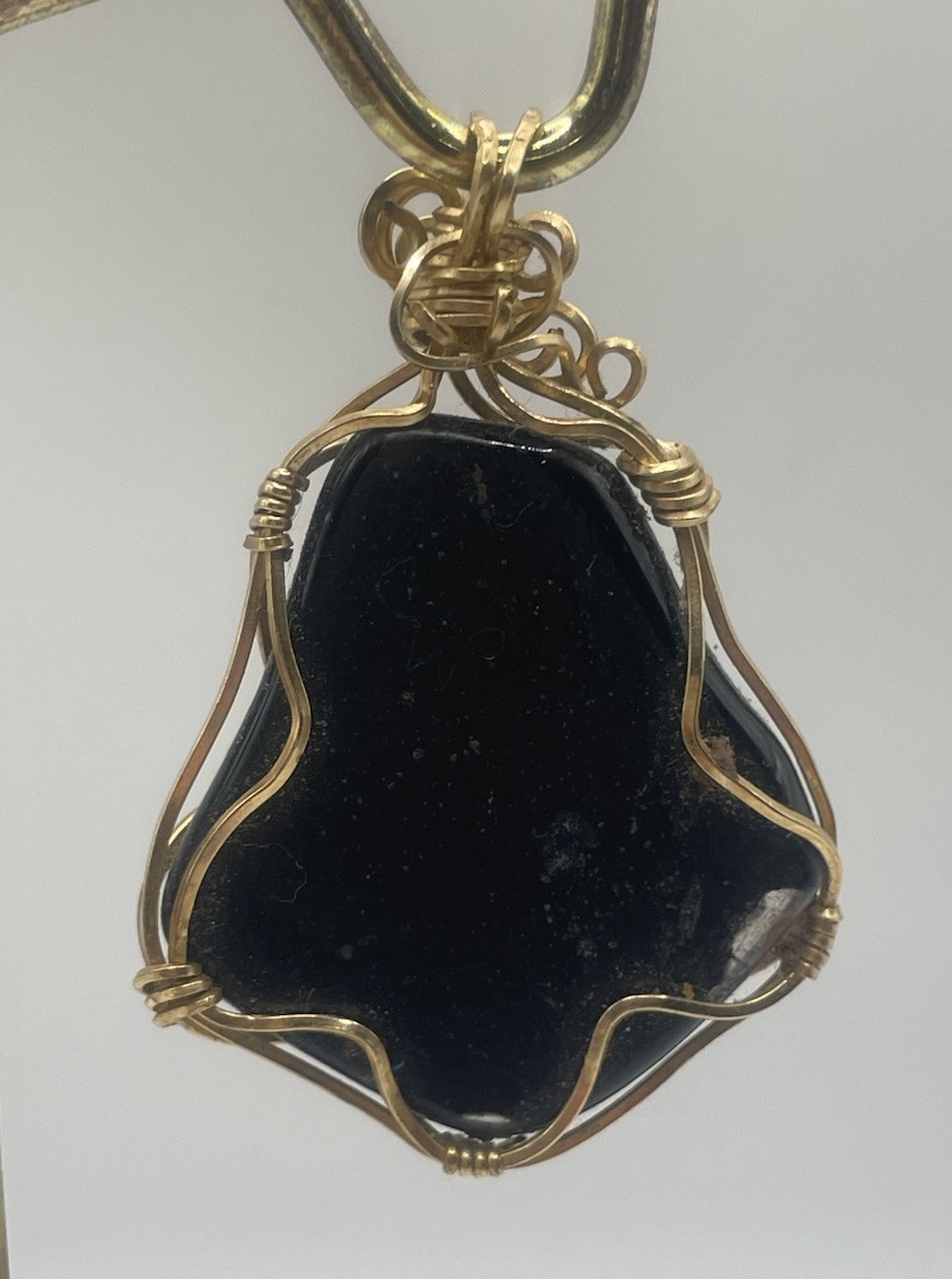 Blue Green Gold Dichroic Glass Pendant Handmade Gold Tone Wire Wrapped