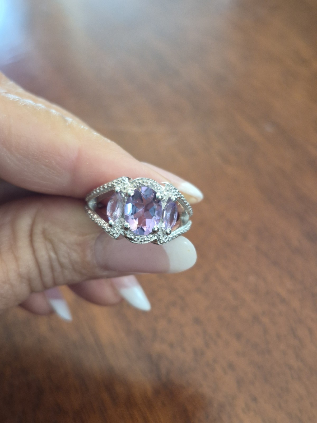 .925 Sterling Silver and 3 Stone Amethyst Ring sz. 6.5