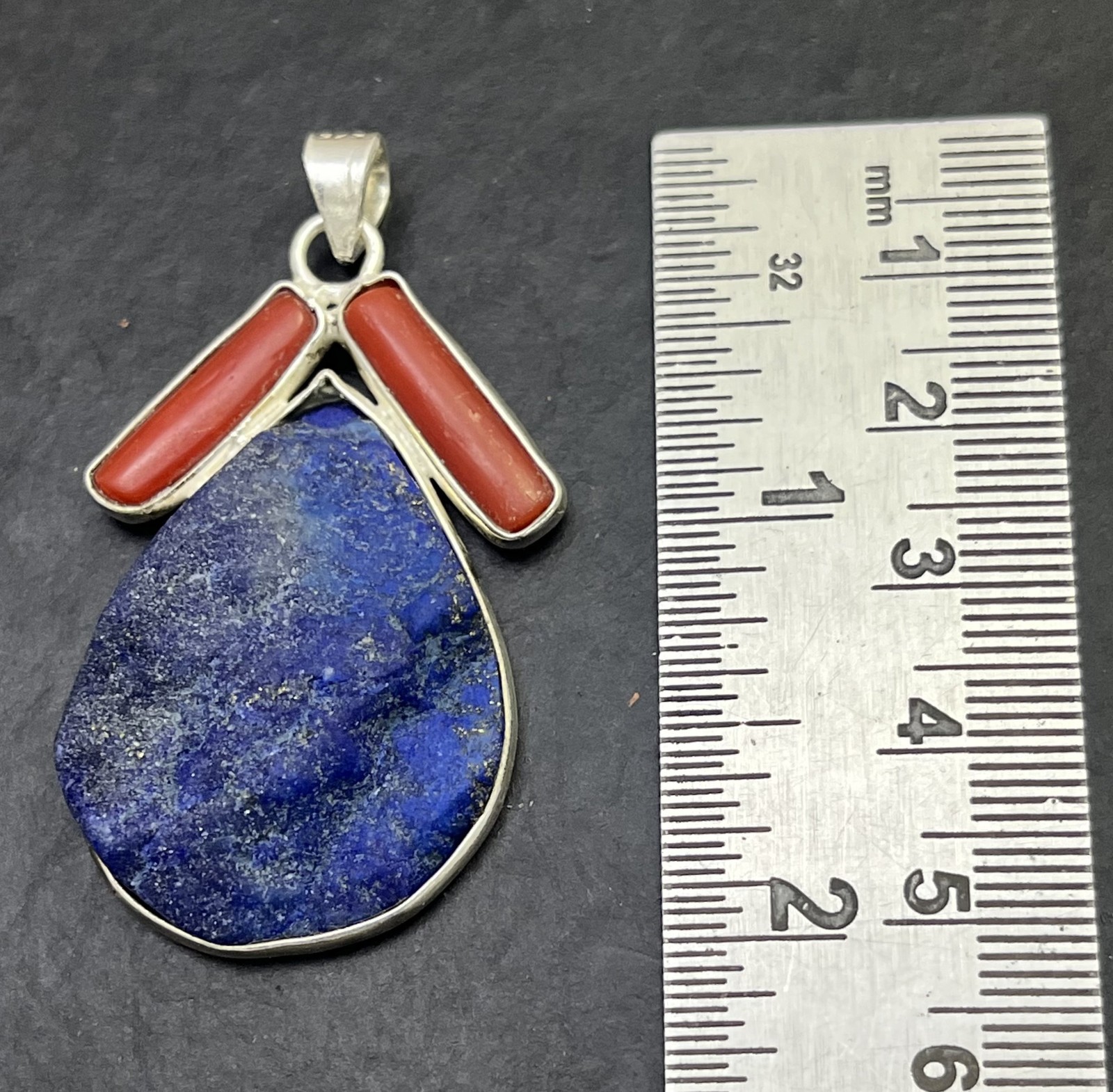 Natural Lapis Lazuli Raw Coral Pendant 925 Sterling Silver Boho Handmade Jewelry
