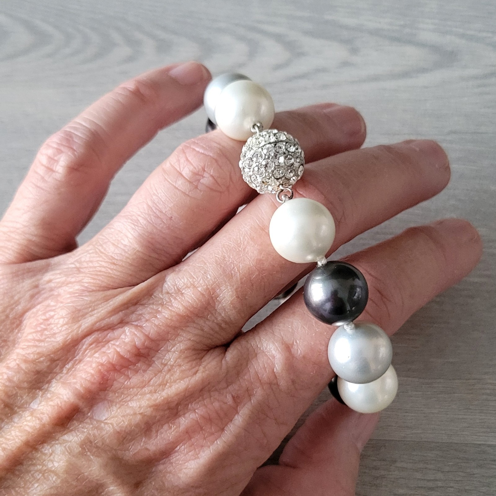 Faux Pearl Bracelet Black Gray White w/ 925 Sterling Silver Clasp + Stones NWOT