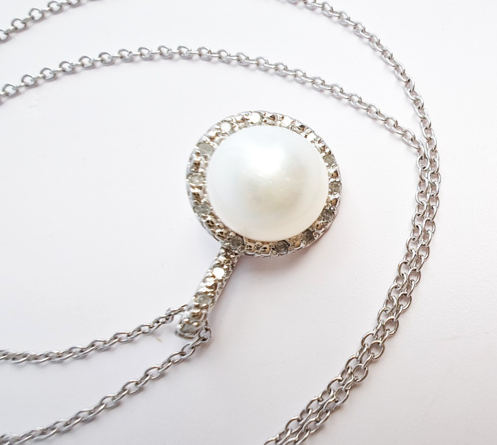925 Silver Pearl & Genuine Diamond Pendant Necklace • 8mm • 18″ Chain • 2.80g