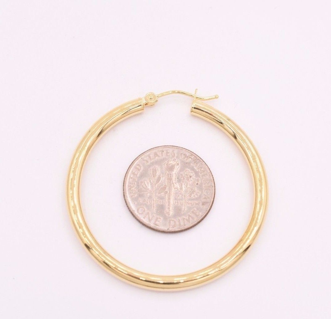 1 1/2″ 3mm X 40mm Plain All Polished Shiny Hoop Earrings REAL 14K Yellow Gold