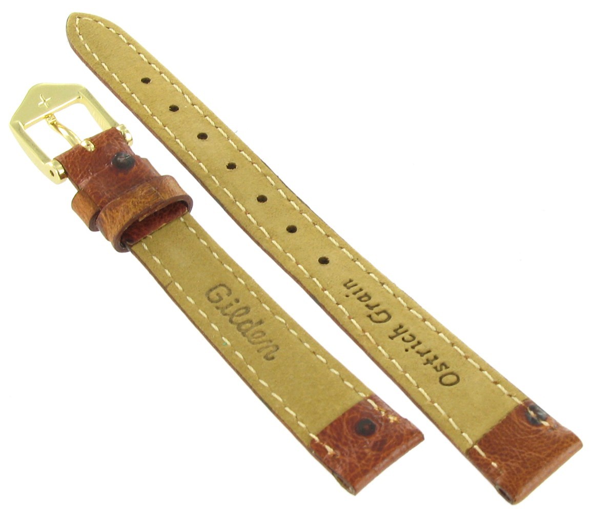 12mm Gilden Genuine Leather Ostrich Grain Honey Tan Brown Stitched Watch Band