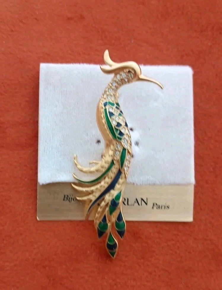 Peacock Brooch Gold Tone Enamel Green Blue Red Rhinestones Elegant Pin Dorlan