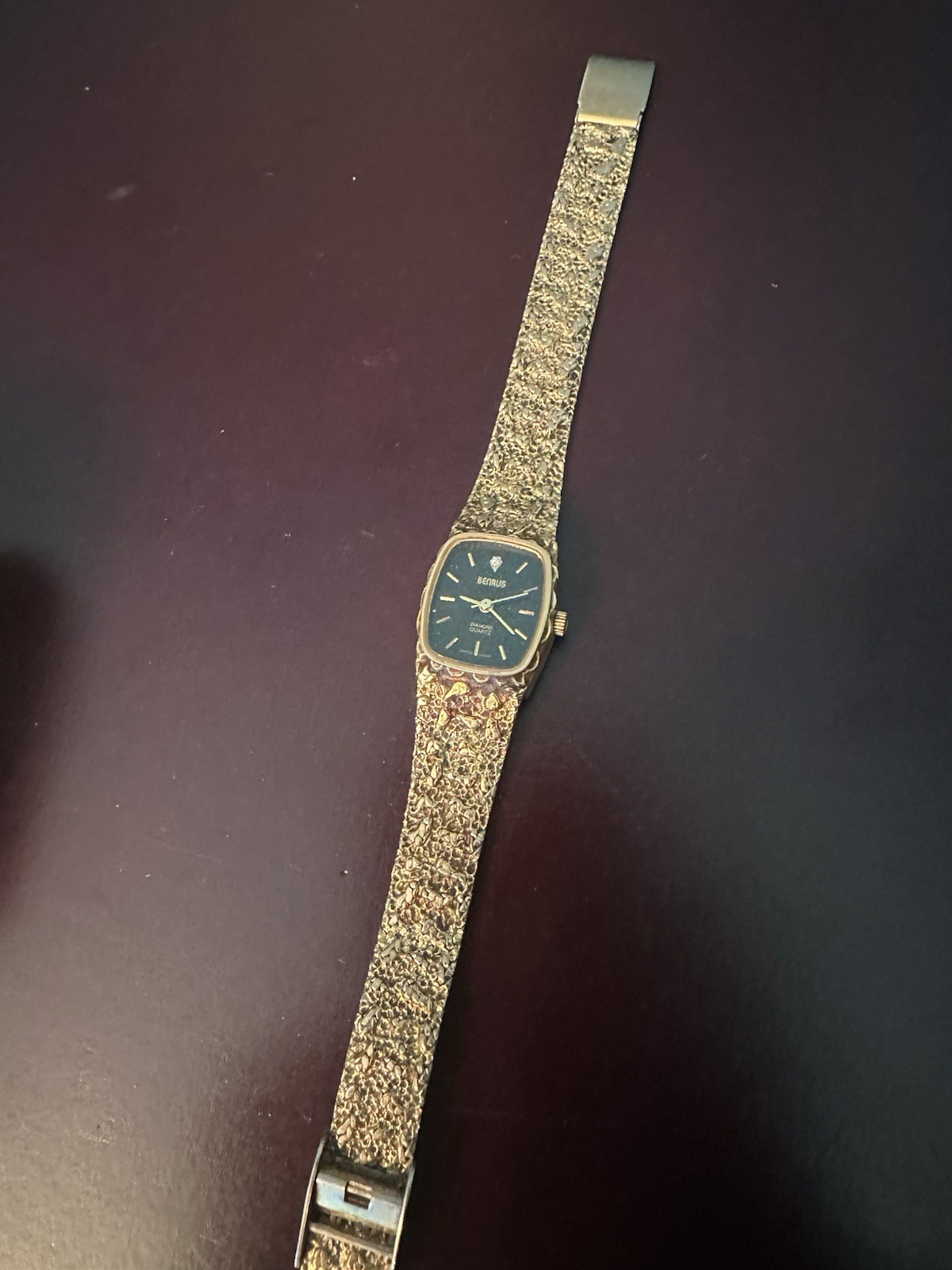 Benrus Diamond Quartz Women’s Gold-Tone Cushion Watch Black Dial Bracelet