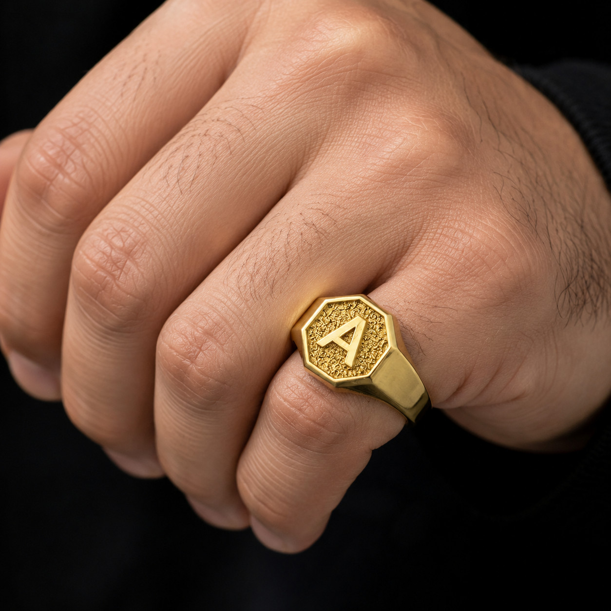 Men’s 10K Yellow Gold Letter Initial Octagon Signet Ring Personalized A–Z
