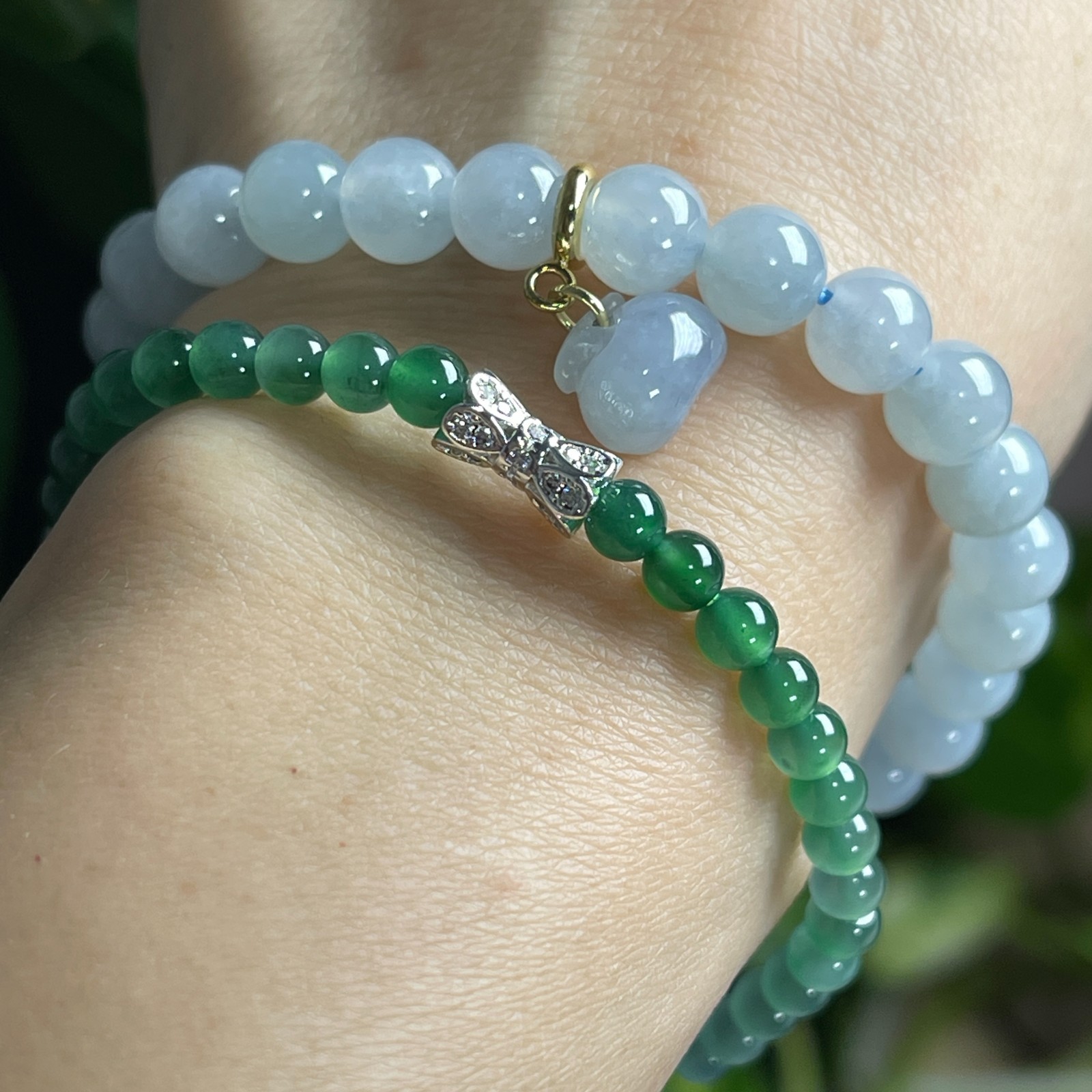 Certified Natural Jadeite Skyblue Beads Bracelet With Apple Charm 0302