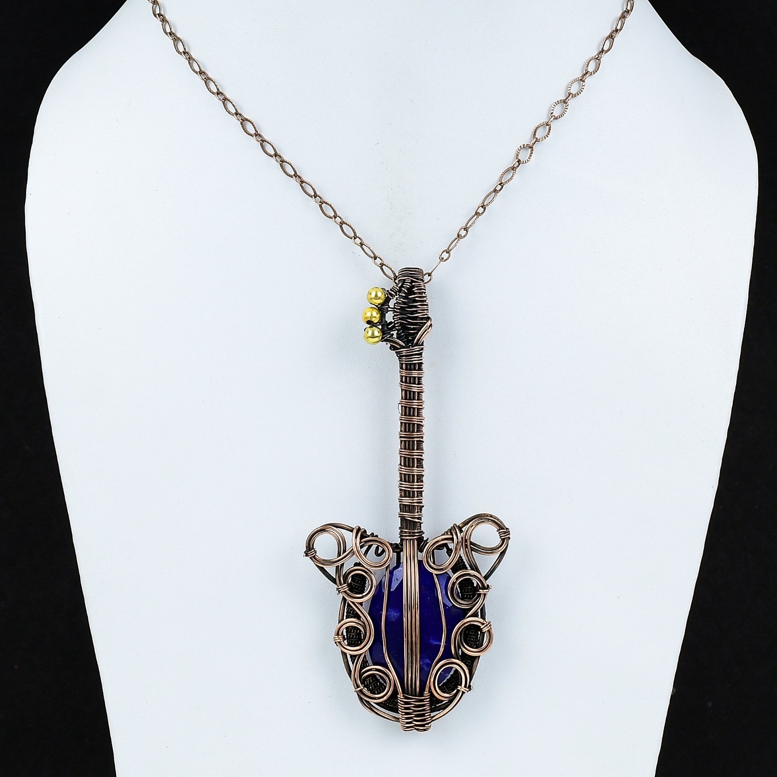 Sisters Day Sale Copper Natural Blue Saphire Wire Wrapped Guitar Trendy Pendant
