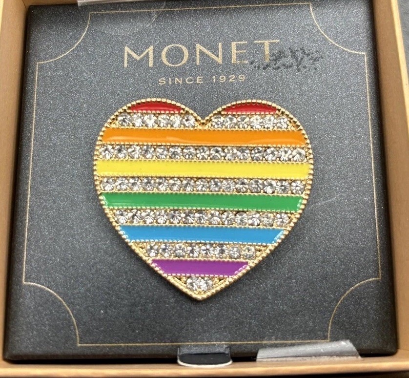 Monet Rainbow Heart Brooch Rhinestone Crystal Enamel Stripes Pride in Box