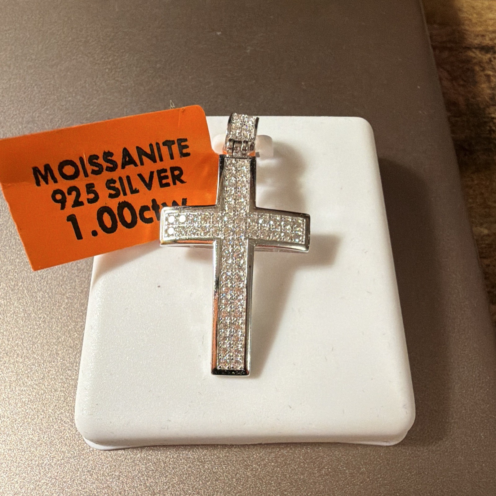 925 Sterling Silver Moissanite Cross Pendant Pavé Round White/Colorless