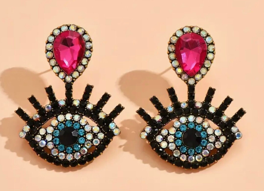 Evil Eye Drop Earrings with Hot pink black blue beautiful color rhinestones