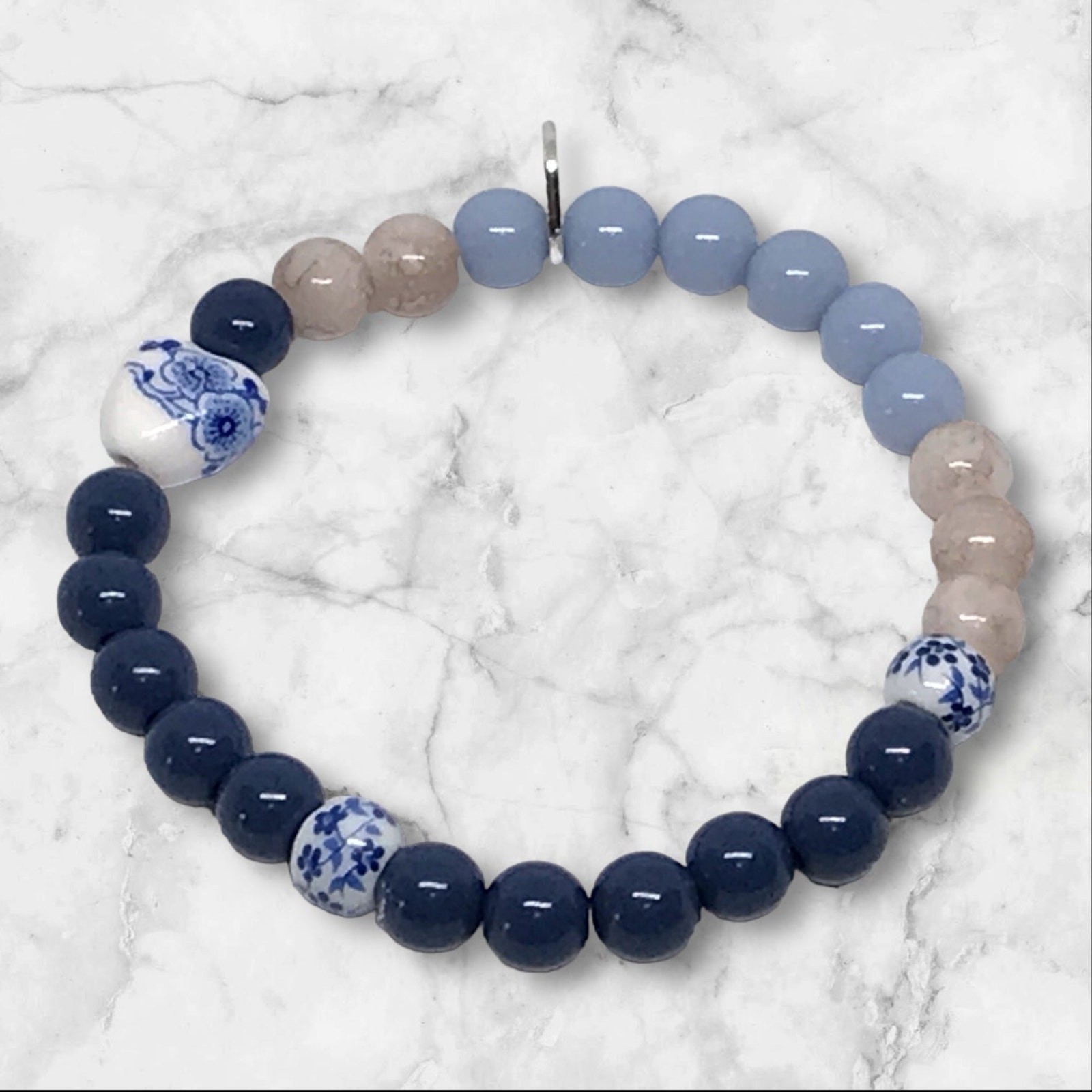 Bracelet Set Classic Navy Brown Blue Floral Beads Handmade Country Chic Design