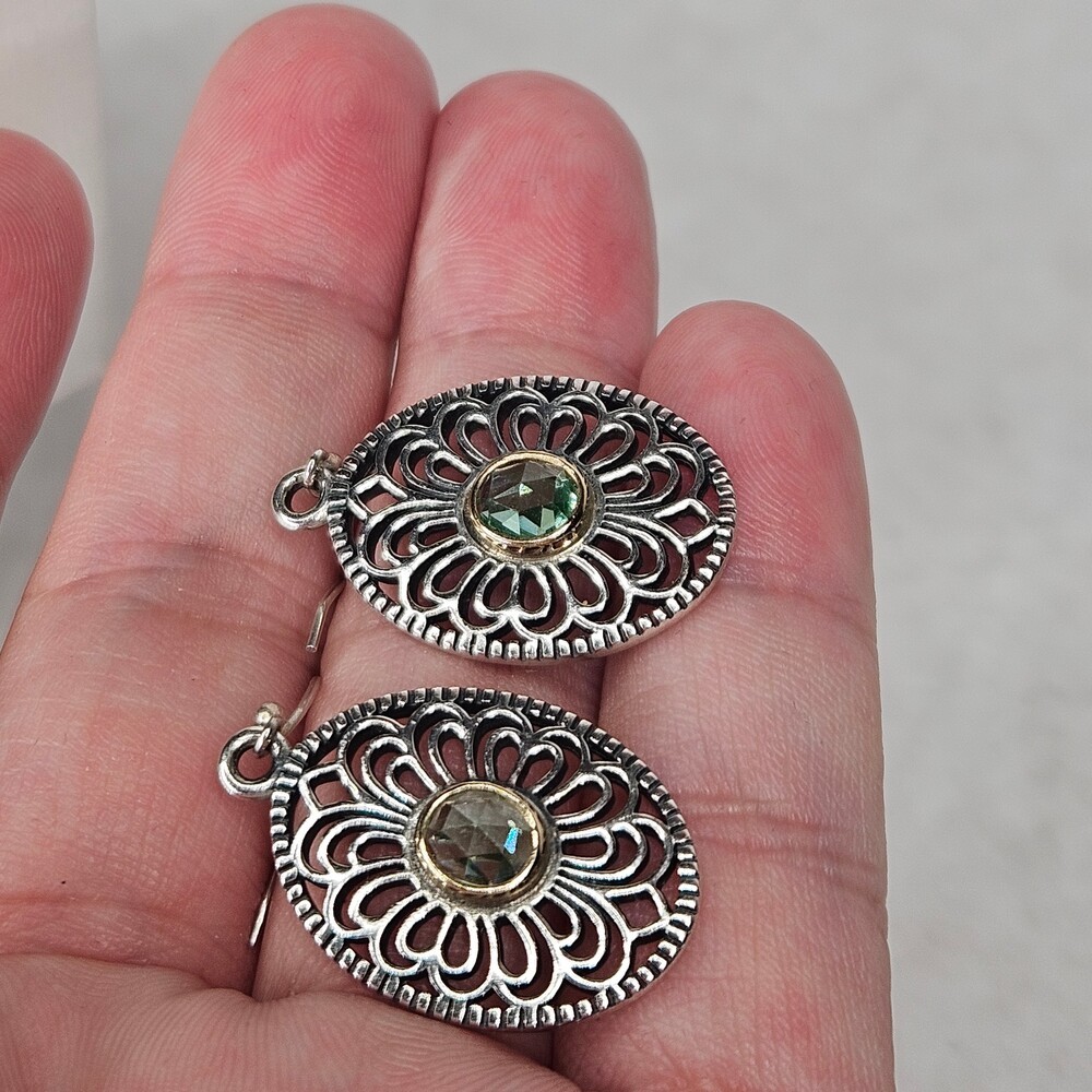 925 Sterling Silver Pandora Allure Green Spinel Filigree Hook On Earrings