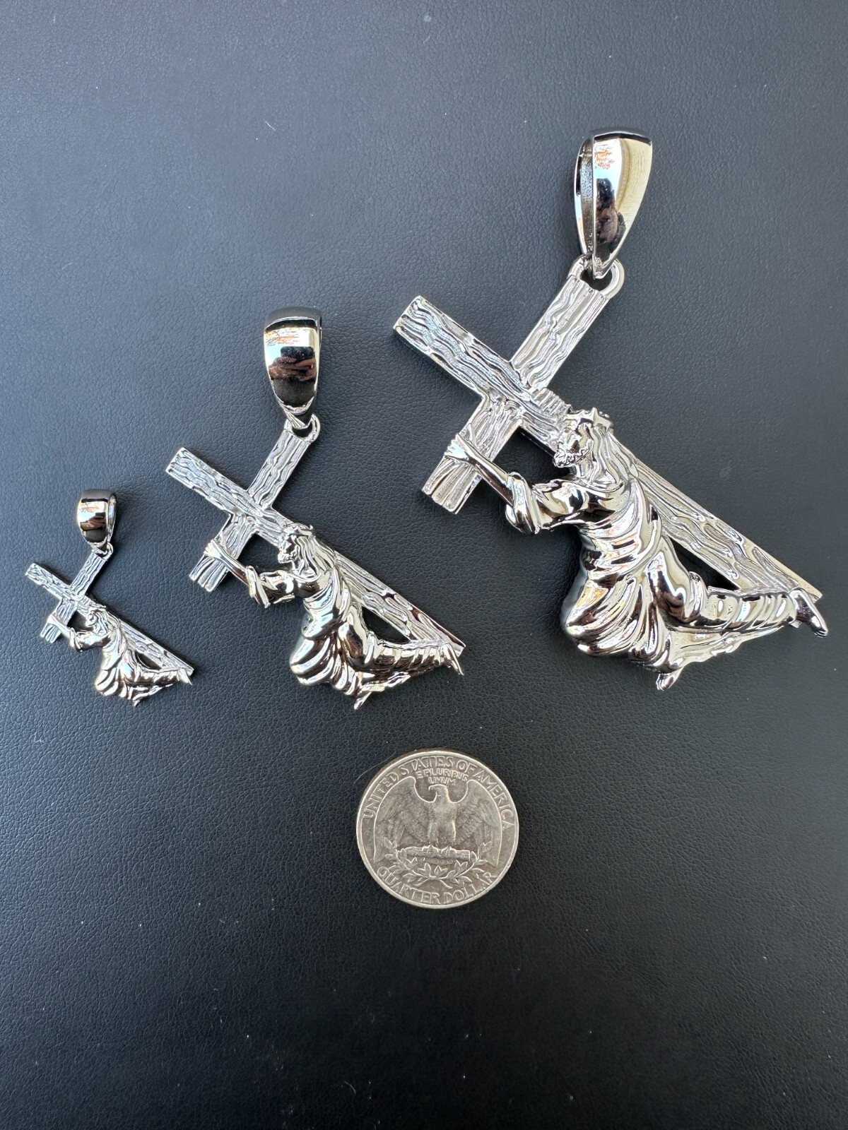 Jesus Carrying Cross Plain Crucifix Pendant Necklace 925 Sterling Silver 3 Sizes