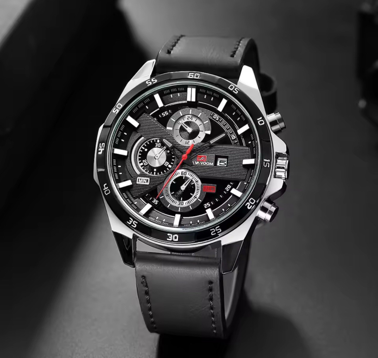 VAVOOM Men’s Quartz Chronograph Watch Date Analog 44-47.9mm Leather/SS