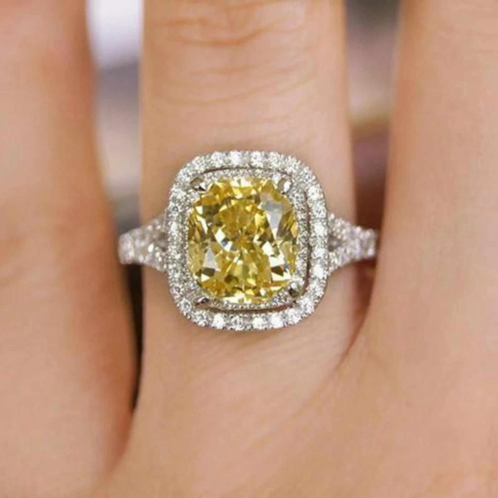3.70 Ct Cushion Cut Yellow Sapphire Diamond Wedding Ring 14K White Gold Size 7.5