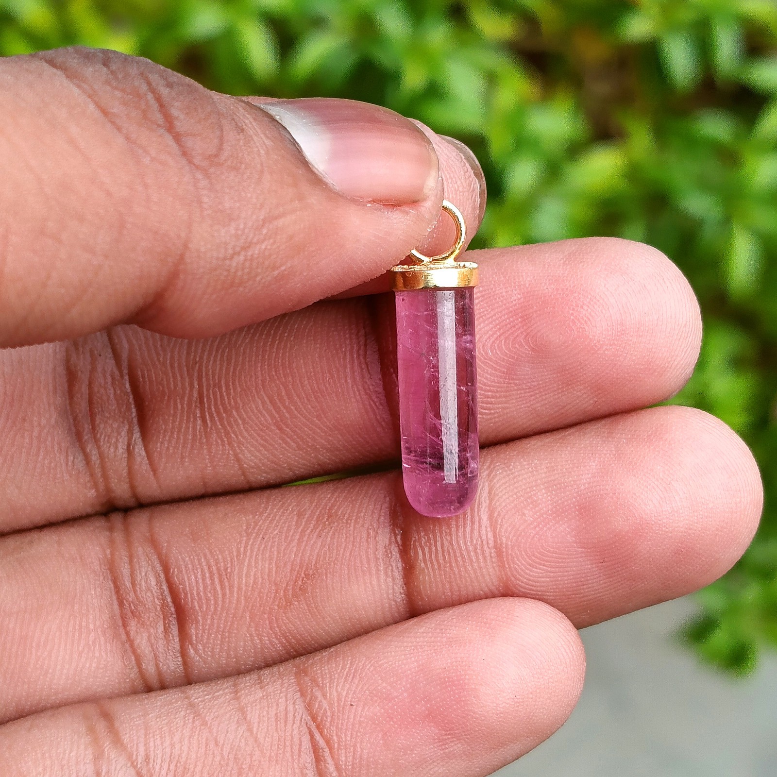 Natural Pencil Pink Tourmaline Gold Charm, 18k Solid Gold Handmade Charm Pendant