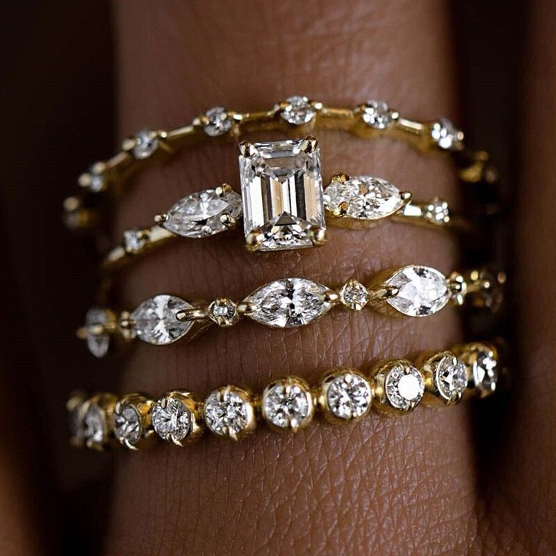 ONE SET 4 PCS Fashion Women 18K Gold Plated CZ Sparkling Band Ring