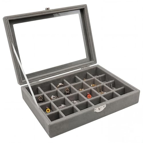 Zorfeter 24 Grid Velvet Jewelry Box, Lockable Organizer with Clear Lid Grey
