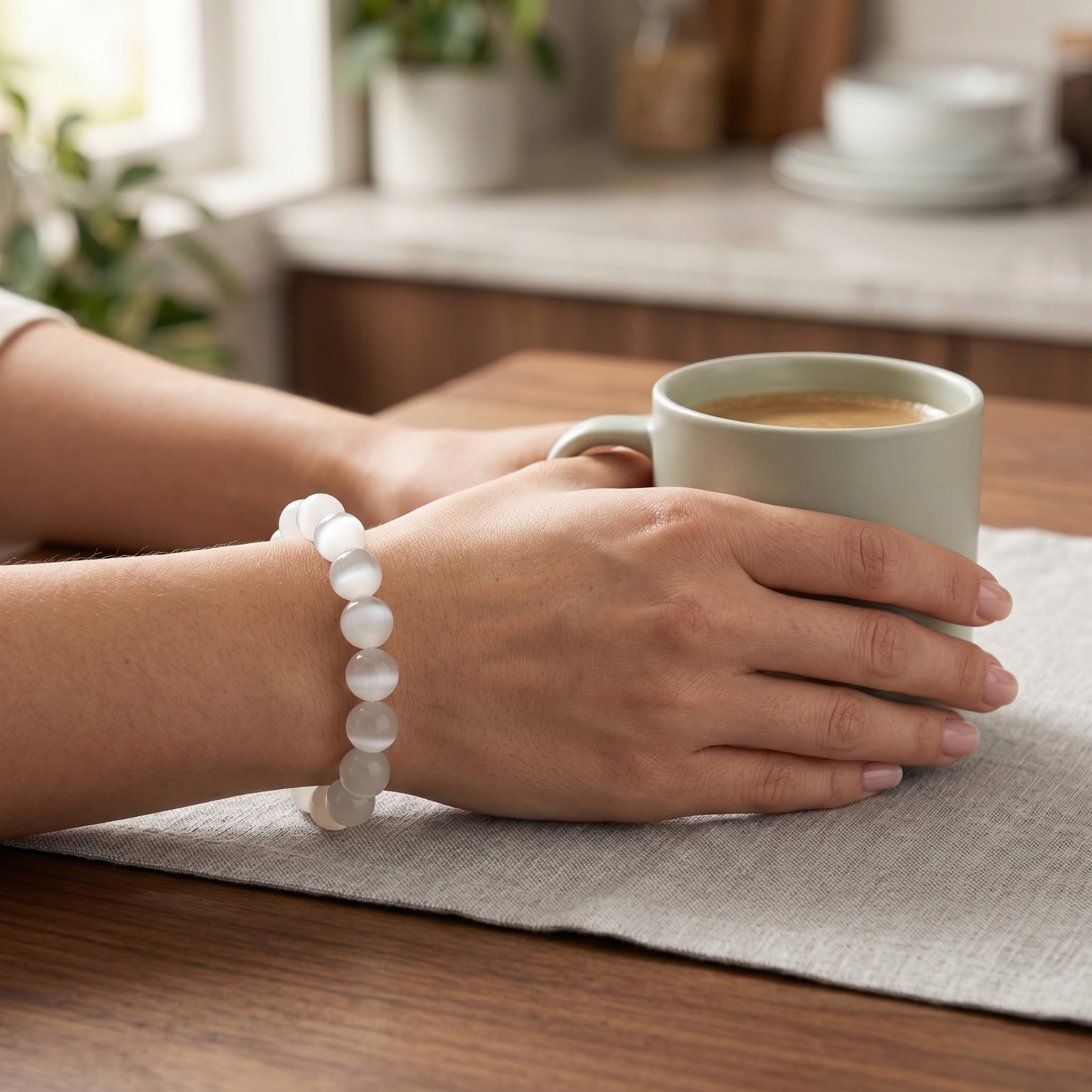 White Selenite Cat Eye Beaded Bracelet Purity Protection Gift For Women Men 8mm