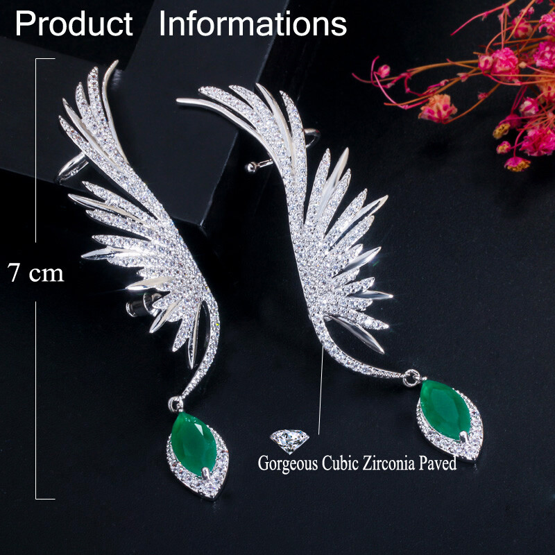 Women Silver Plated Cubic Zircon Dangle Drop Long Feather Wing Ear Cuff Earrings