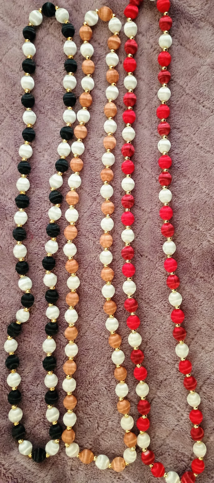 Vintage Lot of 3 Silk Satin Wrapped Beaded Necklaces Red Brown Black White