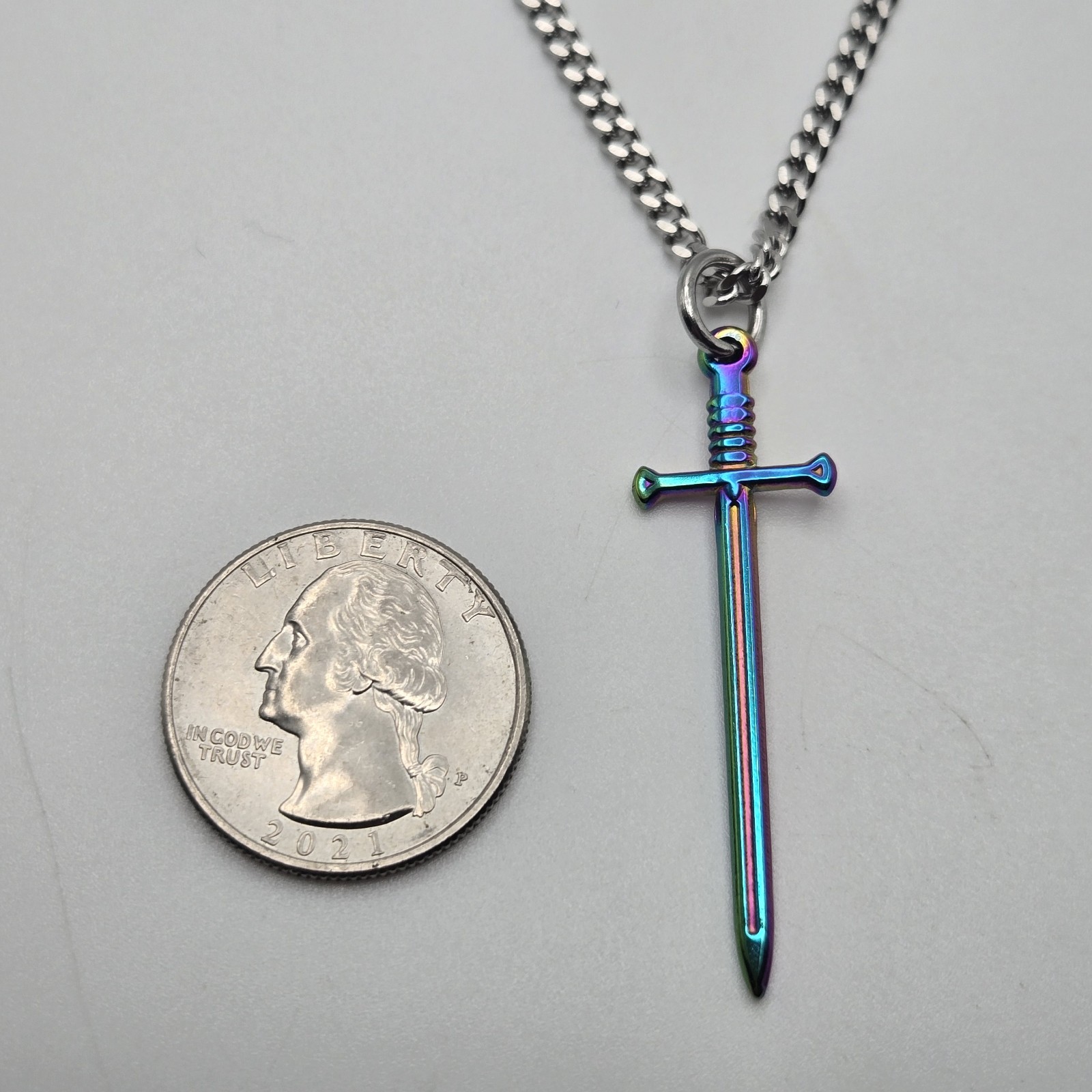 MULTI COLOR SMALL SWORD CHARM / 18″-24″ STAINLESS STEEL CURB CHAIN NECKLACE