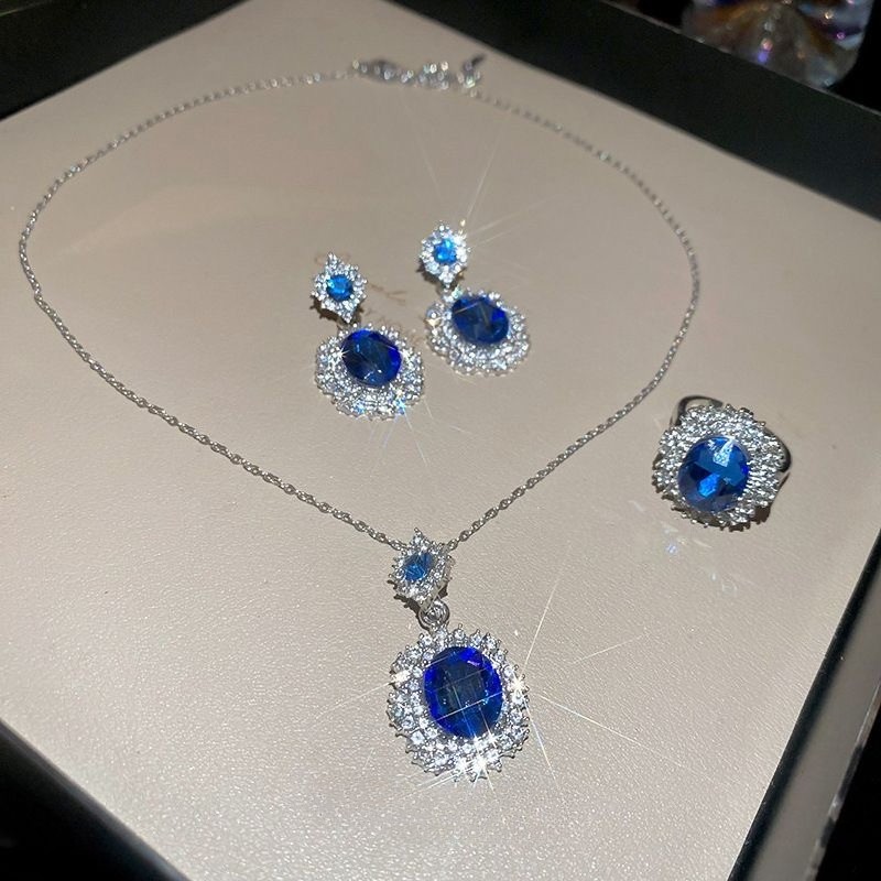 Silver Alloy 3Pcs Jewelry Set Blue Zirconia Halo Necklace Drop Earrings Ring
