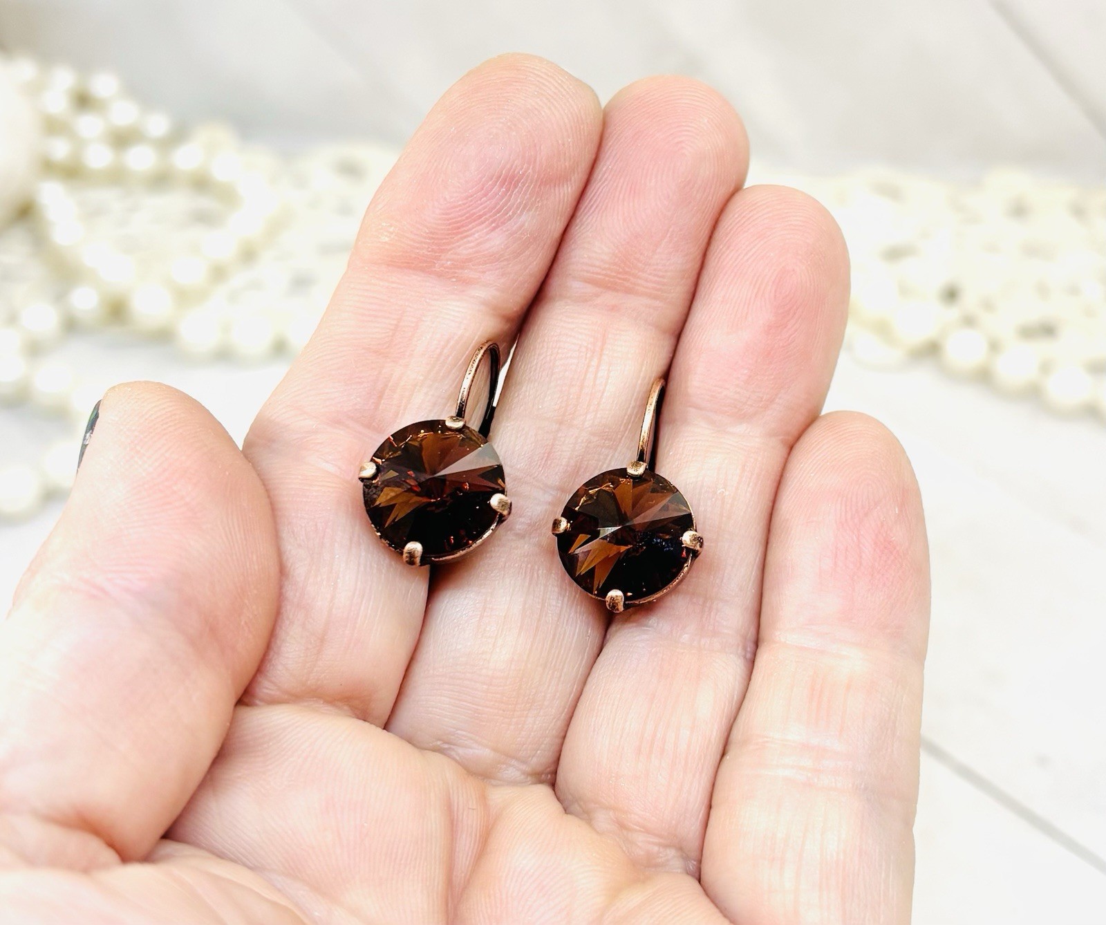 12mm Antique Copper Chocolate Brown Cup Chain Earrings with Smoked Topaz Stones