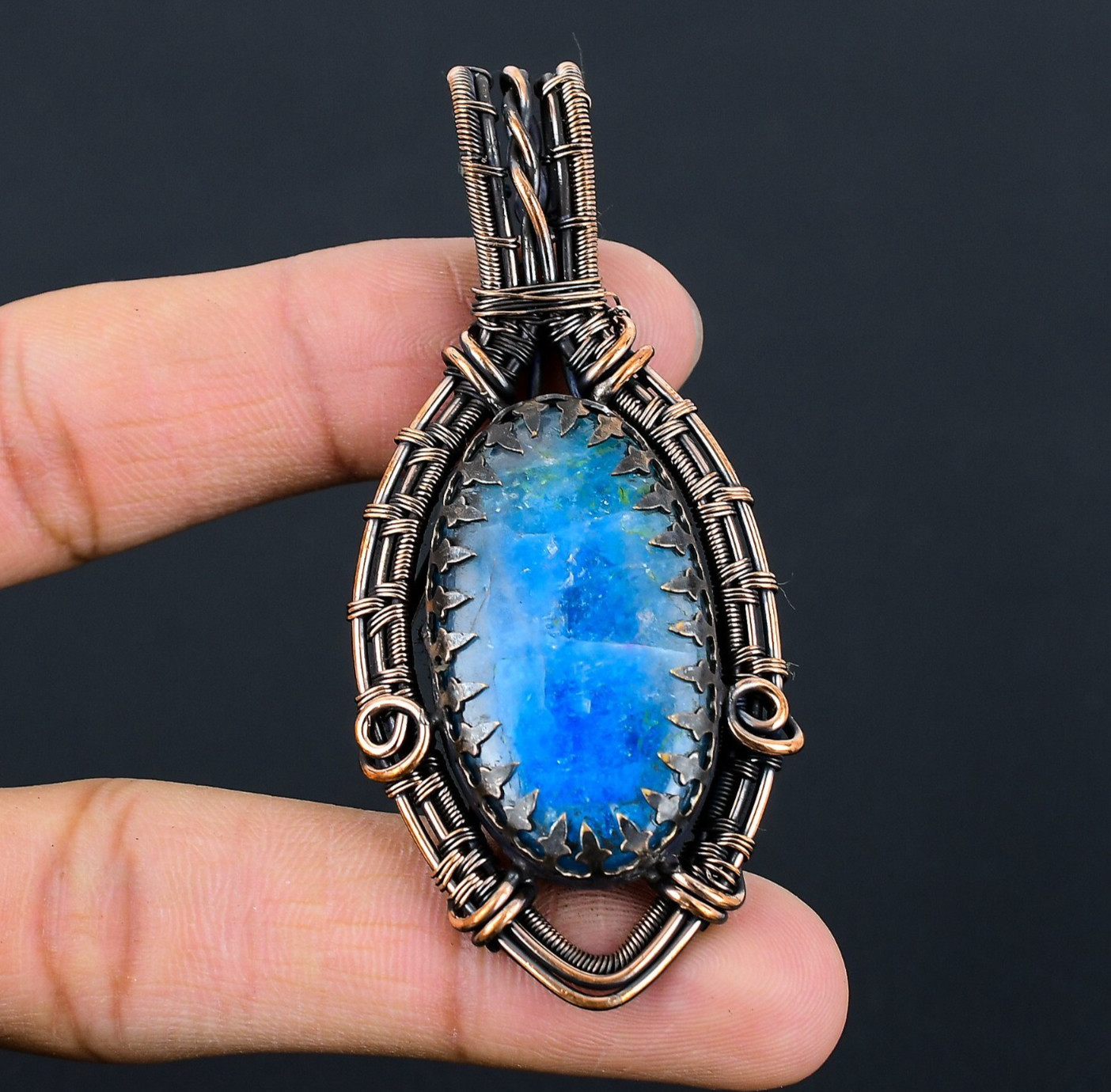 Neon Blue Apatite Handmade Gemstones Copper Wire Wrap Wedding Pendant Jewelry