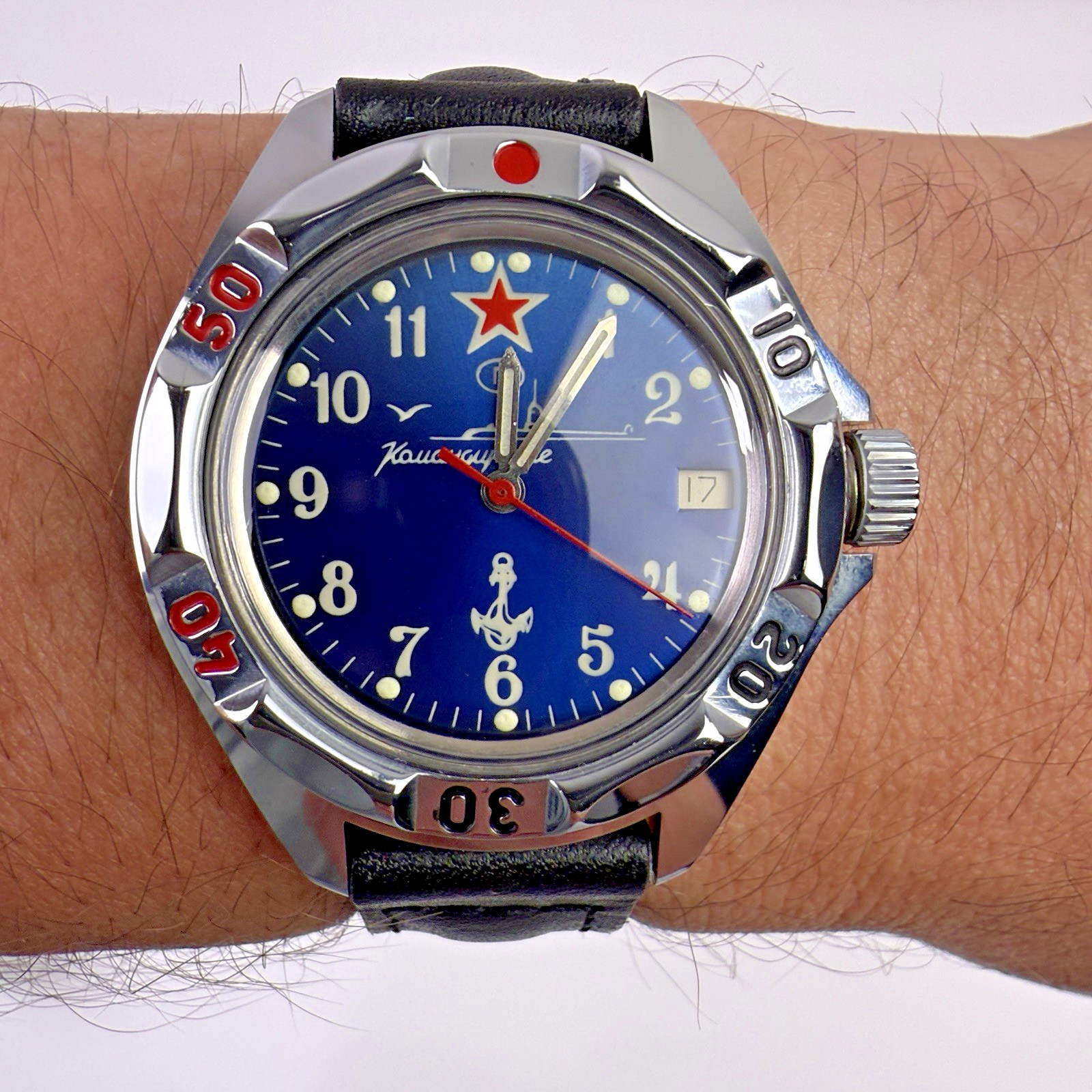 Vostok Komandirskie Russian SUBMARINE Automatic Watch Blue Dial Date Black Strap