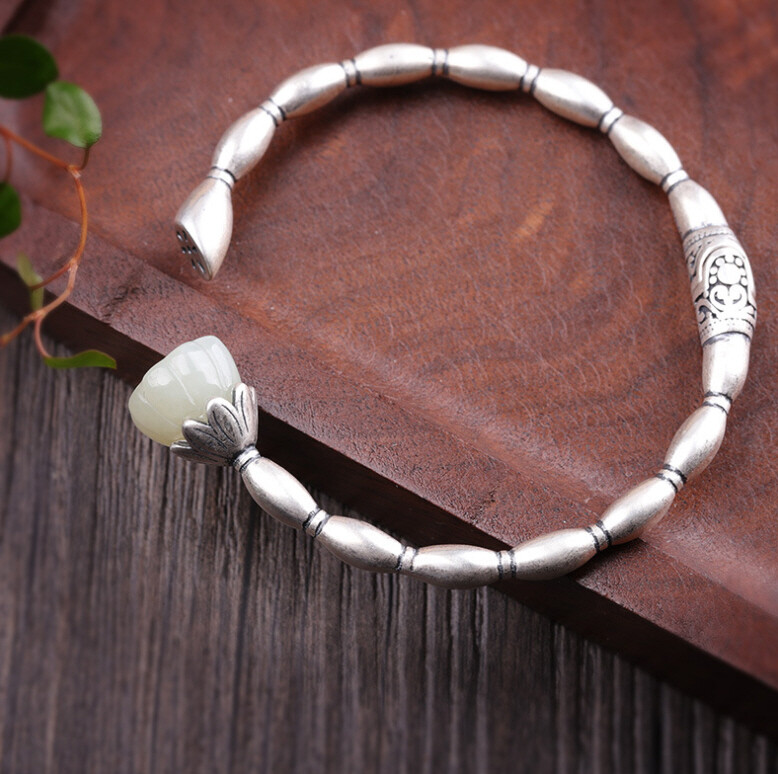I03 Silver 925 Rice Grain Effect Lotus Flower White Jade Bangle Bracelet