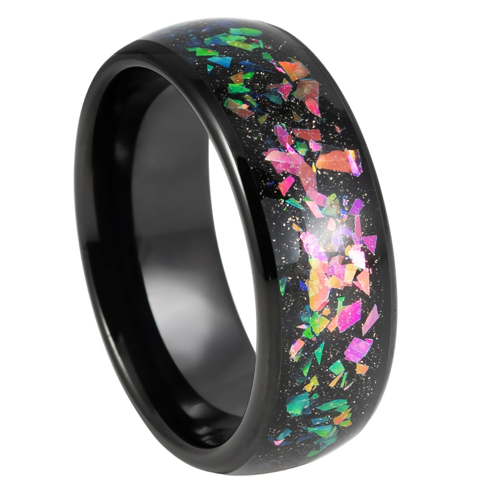 Black/RG Ion-plated w/ Synthetic Opal & Abalone Fragments Inlay Tungsten Ring