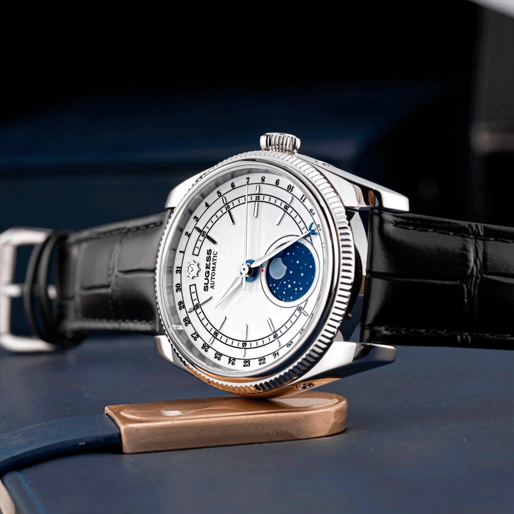 Sugess S452 Automatic Steel Black Leather White Moonphase Men’s Watch