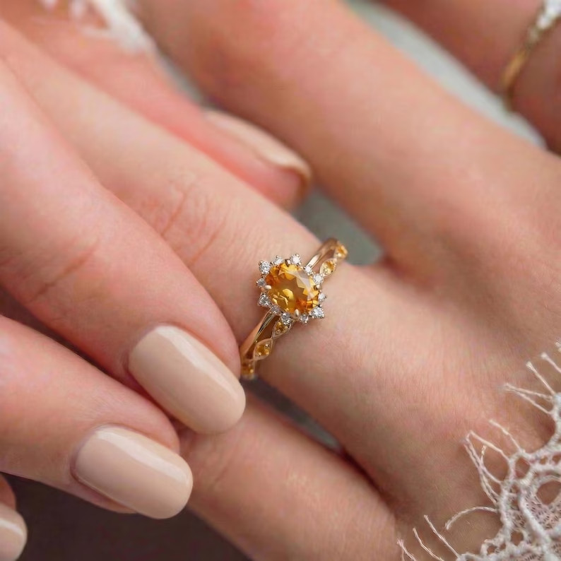 14k Yellow Gold Plated 2.00Ct Round Cut Simulated Citrine Womens Bridal Ring Set