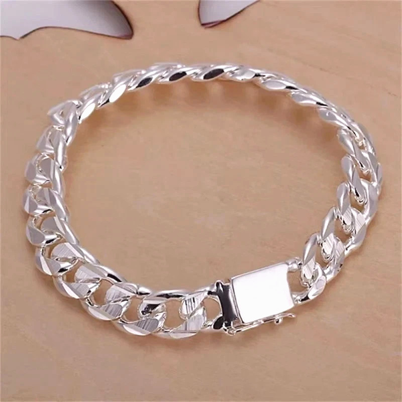 925 Sterling Silver Color Bracelet for Men Jewelry Heavy Thick Cuban Link Chain*