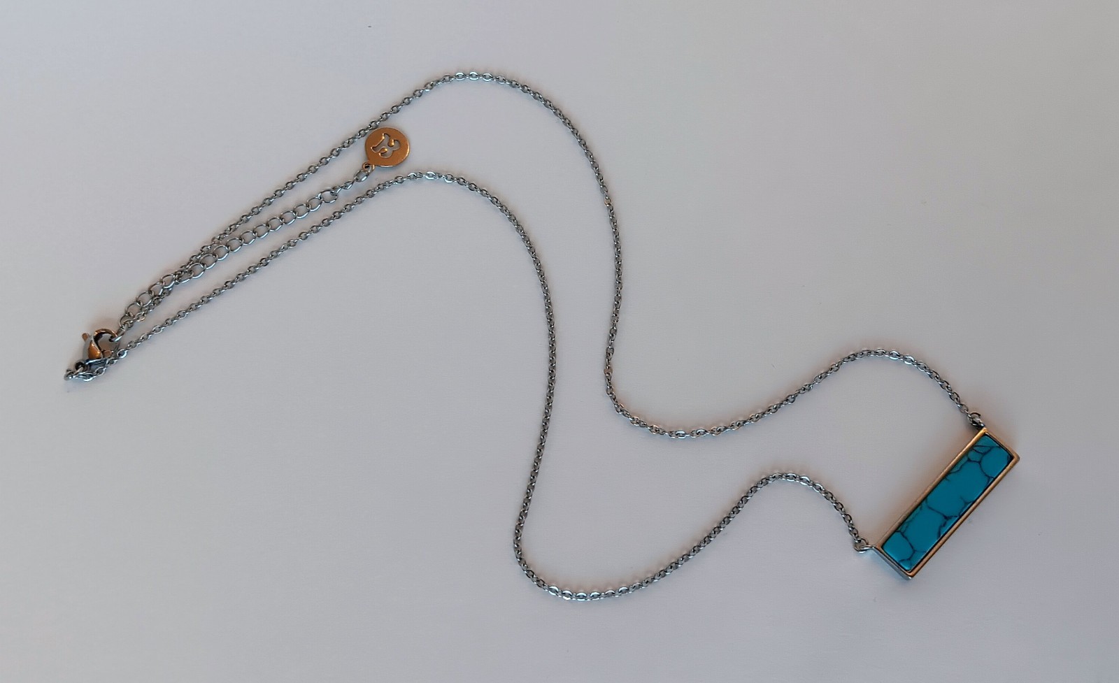 Signed Silvertone Turquoise Dyed Howlite Bar Charm Necklace 18-20 in