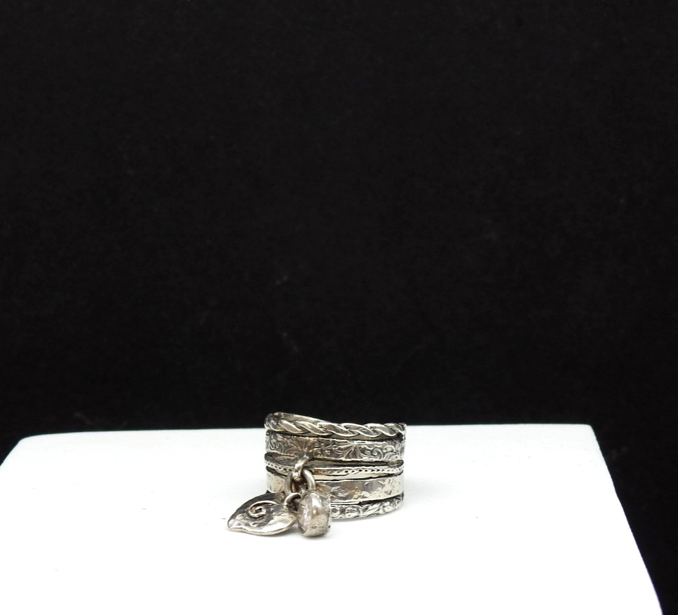 Israel 925 Sterling Silver Multi Band Heart CZ Dangle Charm Ring Size 9 Artisan