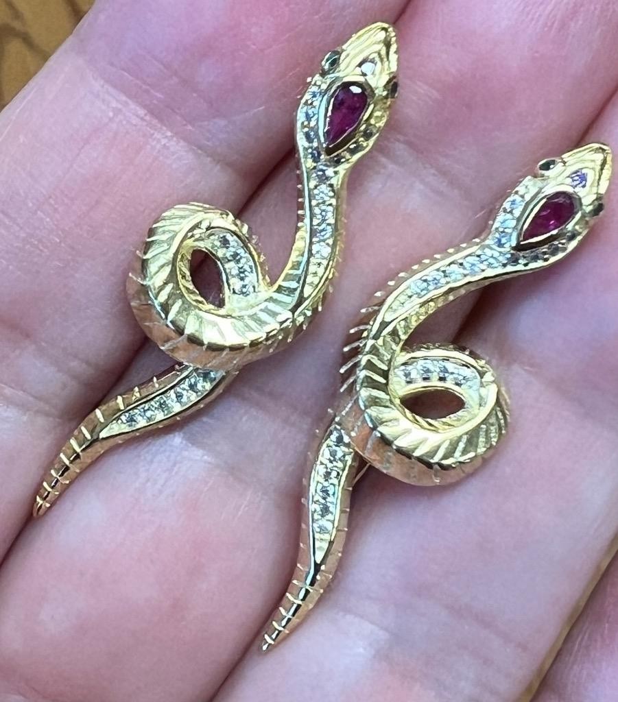 REAL Diamond Ruby Snake Earrings 14K Gold on SOLID 925 Victorian Egyptian Rev YG