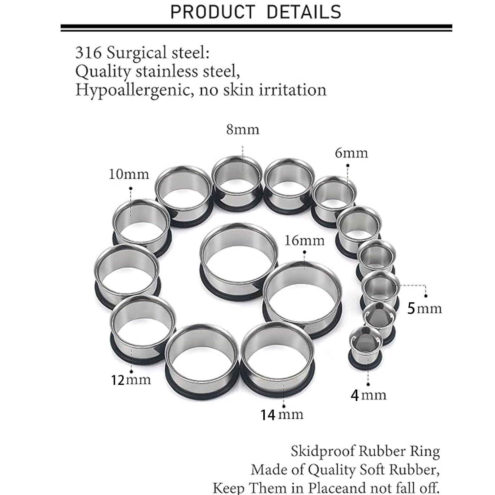 8 Pairs Single Flare Hollow Flesh Tunnels Ear Gauge Plug O Ring Piercing 6G-5/8″