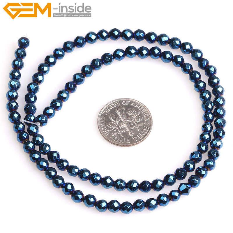 Round Blue Metallic Coated Hematite Faceted Stone Loose Beads Jewelry Making 15‘
