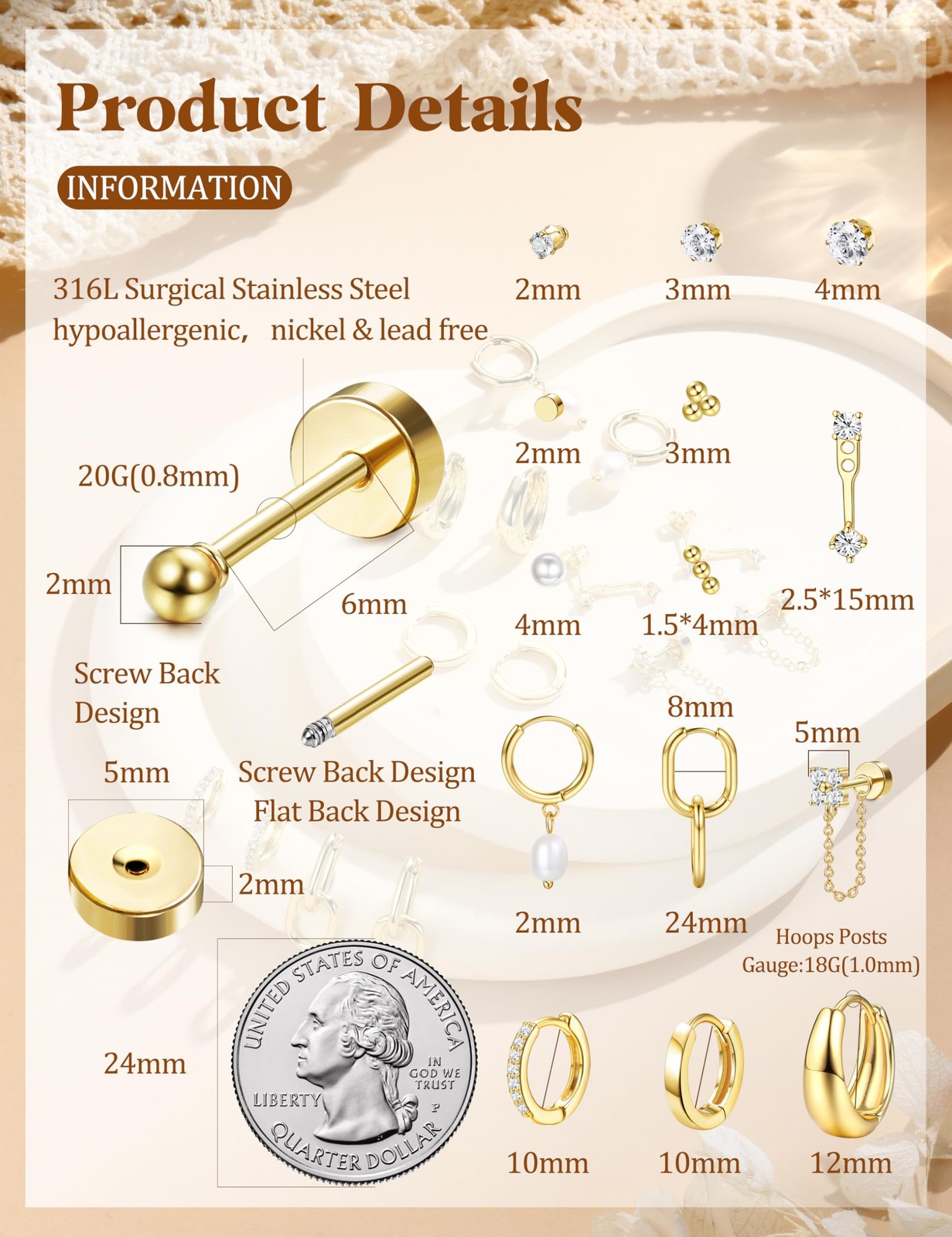 Flat Back Earrings for Women Hypoallergenic Surgical Steel Earrings for Sensi…