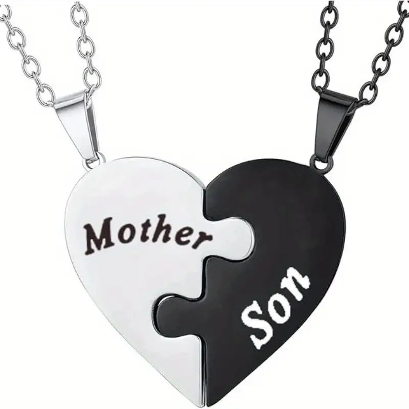 Mother Son Puzzle Heart Necklace Set Black Silver Stainless Steel Matching Gift