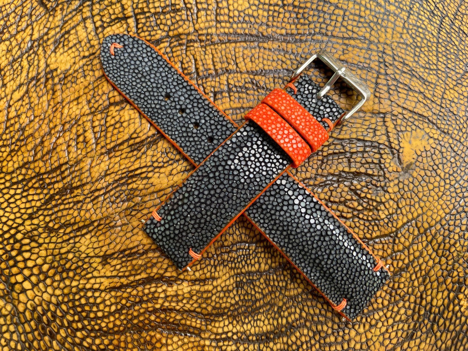 Black Stingray Leather Watch Strap Band, Size 18mm 19mm 20mm 21mm 22mm 24mm 26mm