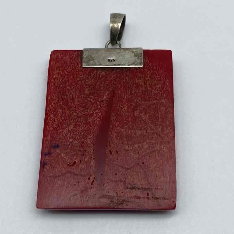 Sterling Silver 925 Red Coral Pendant Greek Key Meander Design 14.1g