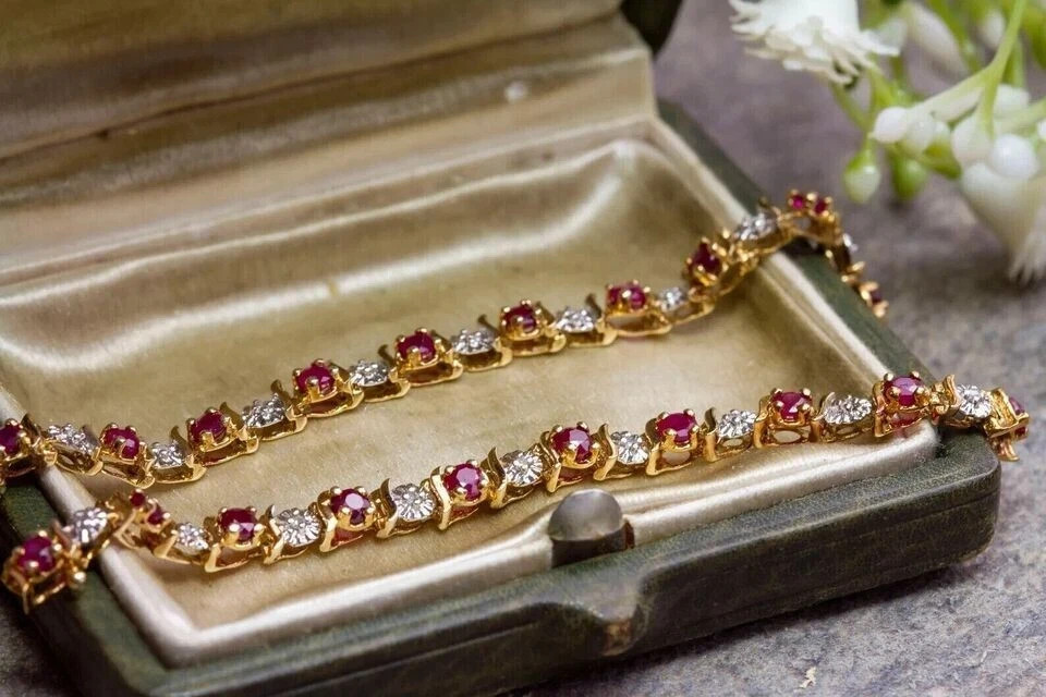 4.00 Ct Round Cut Natural Red Ruby Tennis Bracelet 14K Solid Yellow Gold
