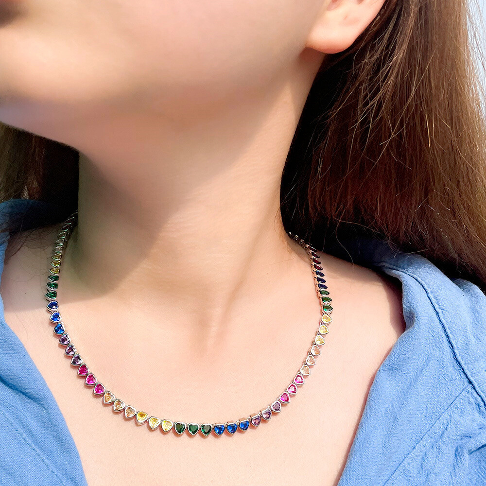 Gold Plated Rainbow Cubic Zircon Heart Tennis Necklace for Women Wedding Jewelry