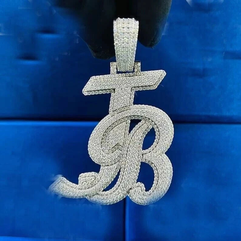 3Ct Natural Moissanite Men Custom Letter “JB” Men’s Pendant 925 Sterling Silver