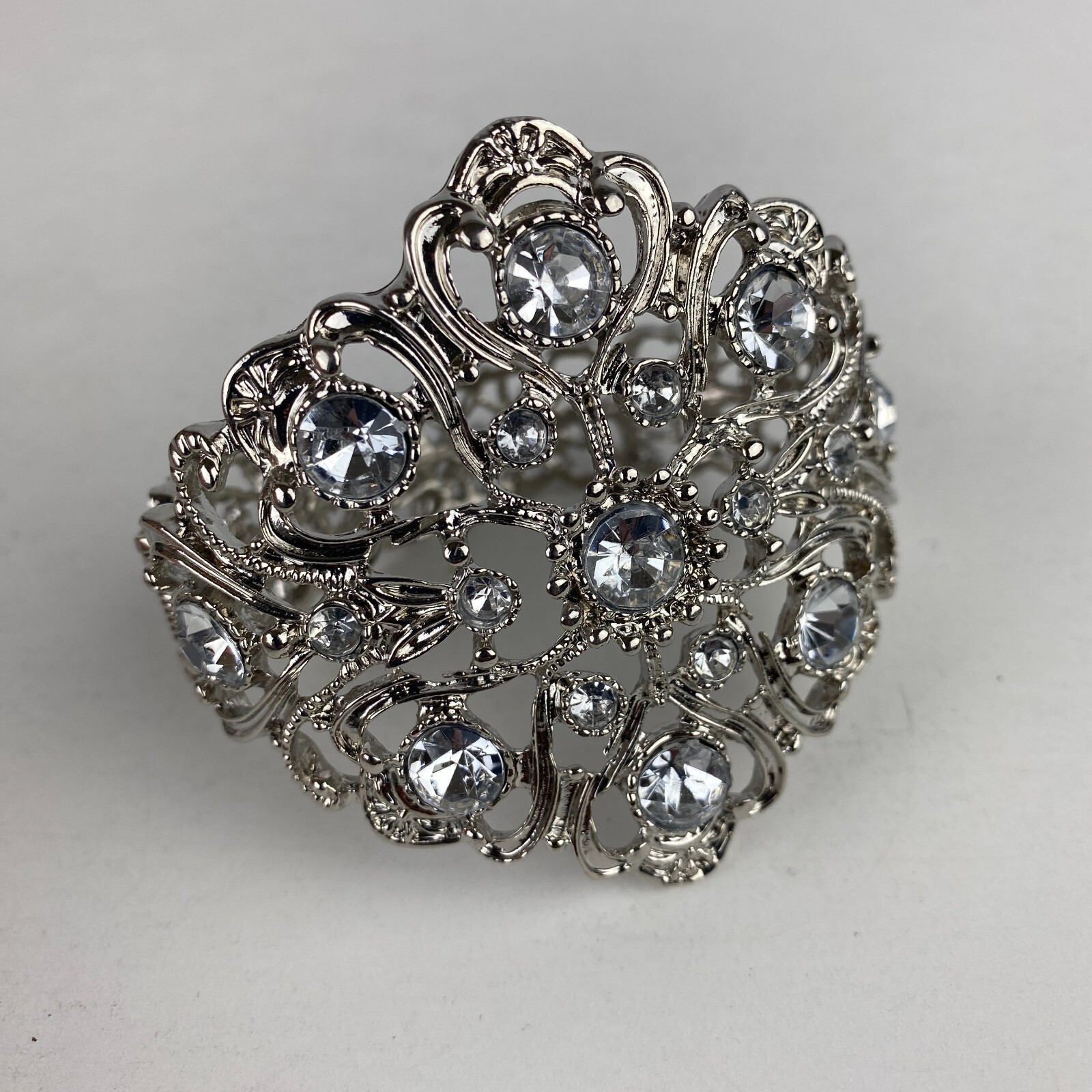 Silver Colored Costume Fashion Jewelry Bracelet Opens Closes At Side Crystals